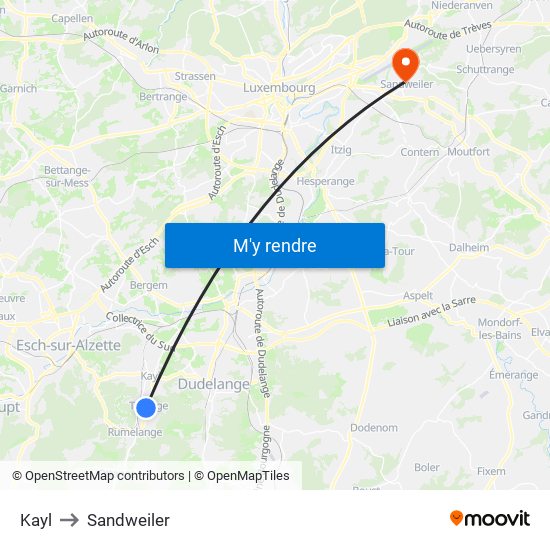 Kayl to Sandweiler map