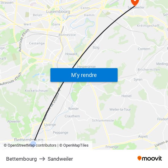 Bettembourg to Sandweiler map