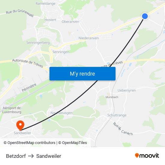 Betzdorf to Sandweiler map