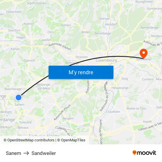 Sanem to Sandweiler map