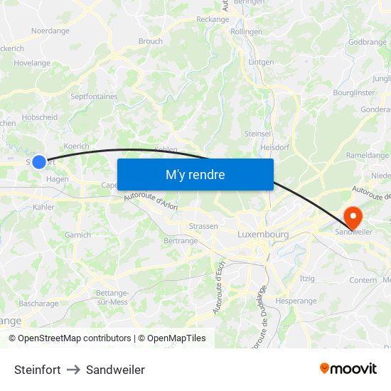 Steinfort to Sandweiler map