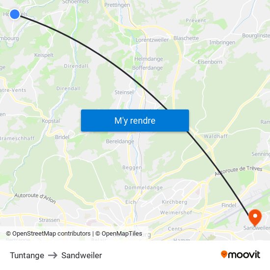 Tuntange to Sandweiler map