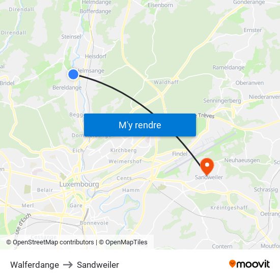 Walferdange to Sandweiler map