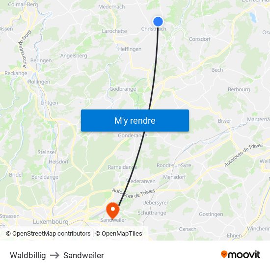 Waldbillig to Sandweiler map