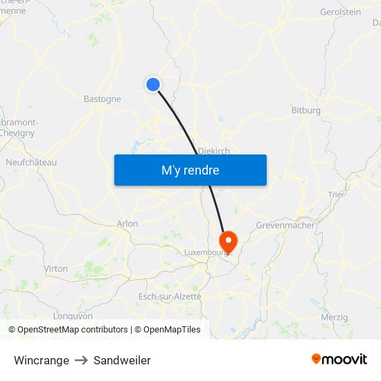 Wincrange to Sandweiler map