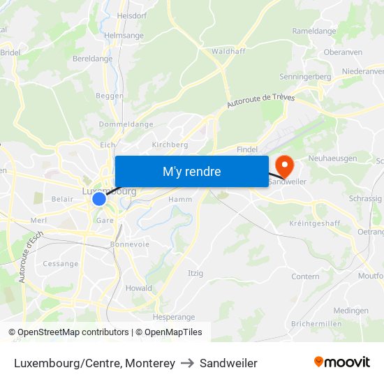 Luxembourg/Centre, Monterey to Sandweiler map