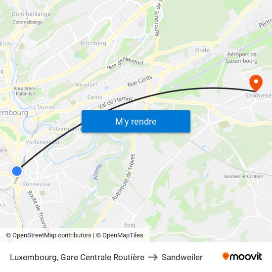 Luxembourg, Gare Centrale Routière to Sandweiler map