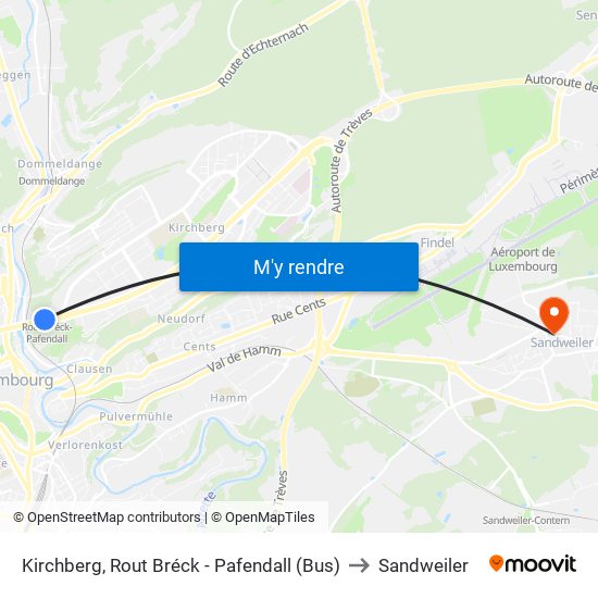 Kirchberg, Rout Bréck - Pafendall (Bus) to Sandweiler map
