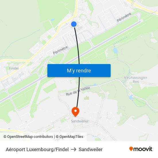 Aéroport Luxembourg/Findel to Sandweiler map