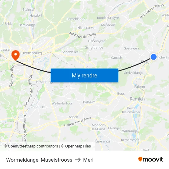 Wormeldange, Muselstrooss to Merl map