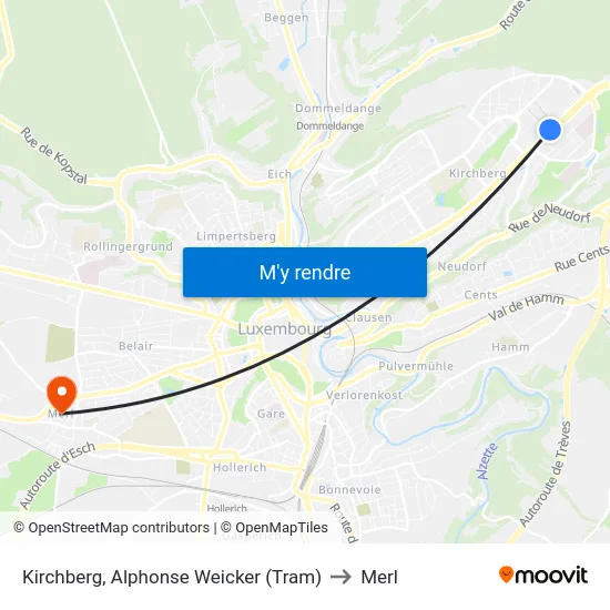 Kirchberg, Alphonse Weicker (Tram) to Merl map