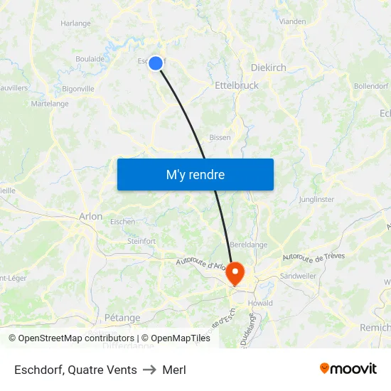 Eschdorf, Quatre Vents to Merl map