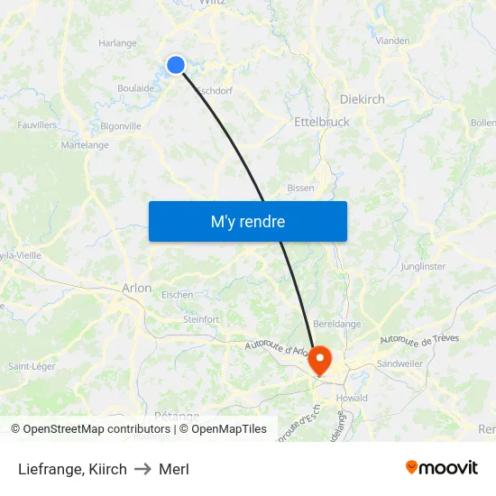 Liefrange, Kiirch to Merl map