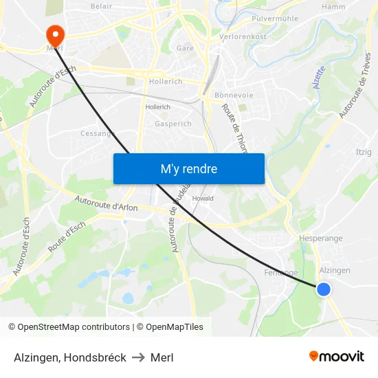 Alzingen, Hondsbréck to Merl map