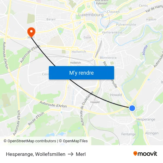 Hesperange, Wollefsmillen to Merl map