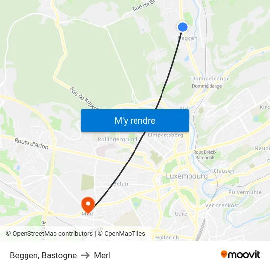 Beggen, Bastogne to Merl map