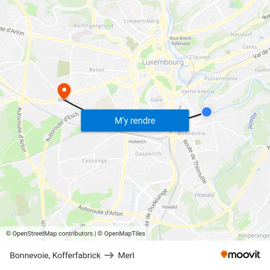 Bonnevoie, Kofferfabrick to Merl map
