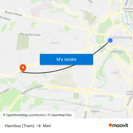 Hamilius (Tram) to Merl map