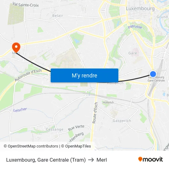 Luxembourg, Gare Centrale (Tram) to Merl map