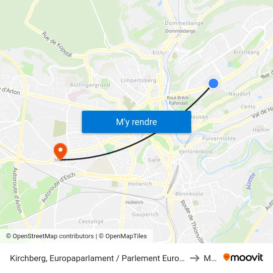 Kirchberg, Europaparlament / Parlement Européen to Merl map