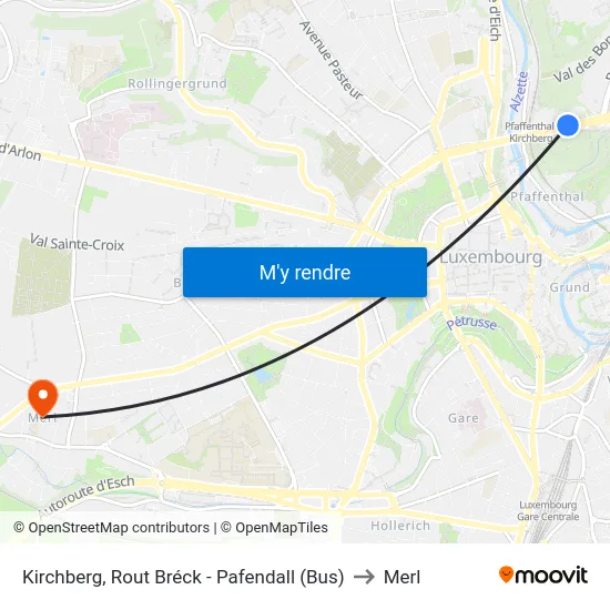 Kirchberg, Rout Bréck - Pafendall (Bus) to Merl map