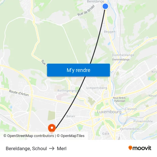 Bereldange, Schoul to Merl map