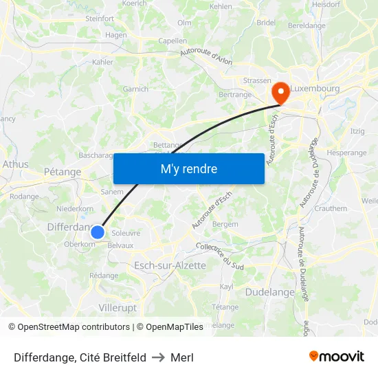 Differdange, Cité Breitfeld to Merl map