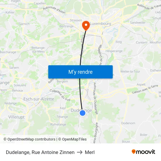 Dudelange, Rue Antoine Zinnen to Merl map