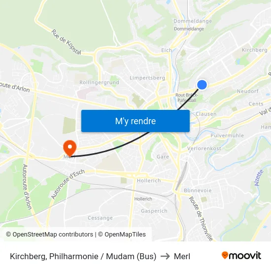 Kirchberg, Philharmonie / Mudam (Bus) to Merl map