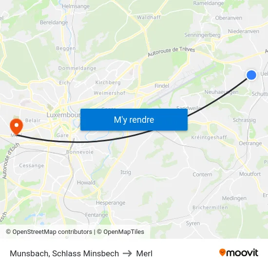 Munsbach, Schlass Minsbech to Merl map