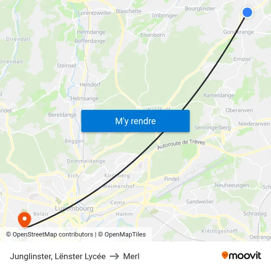 Junglinster, Lënster Lycée to Merl map