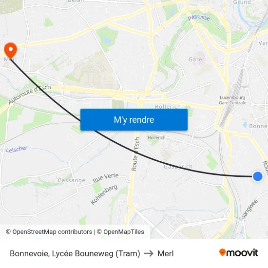Bonnevoie, Lycée Bouneweg (Tram) to Merl map