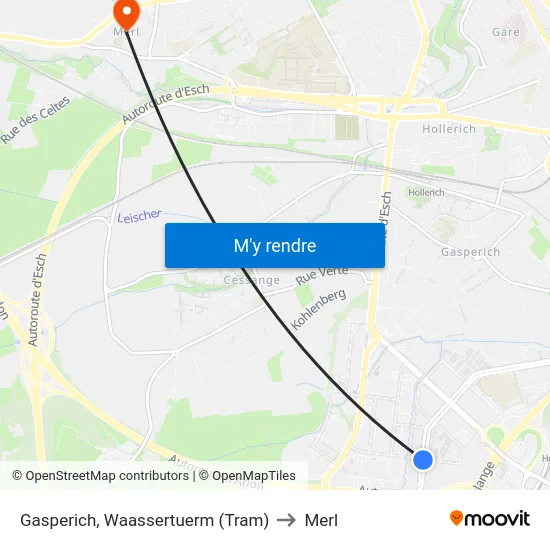 Gasperich, Waassertuerm (Tram) to Merl map