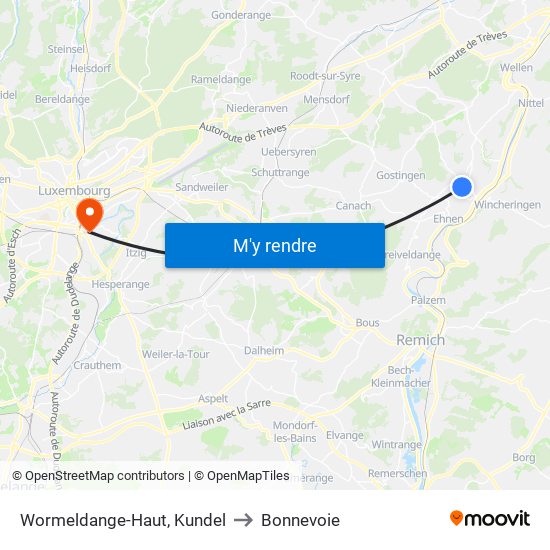 Wormeldange-Haut, Kundel to Bonnevoie map