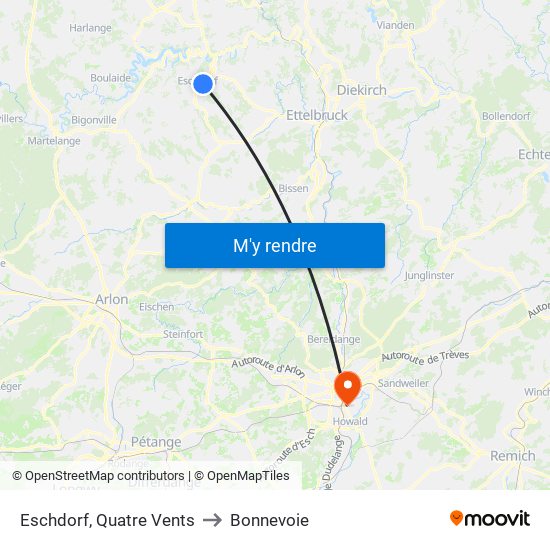 Eschdorf, Quatre Vents to Bonnevoie map