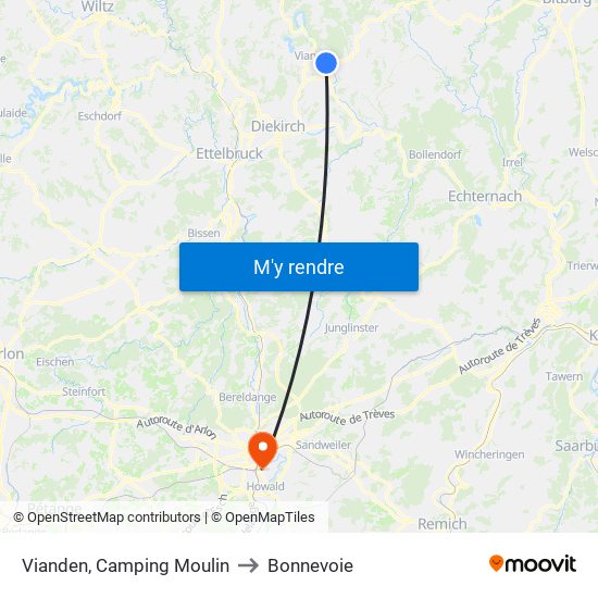 Vianden, Camping Moulin to Bonnevoie map