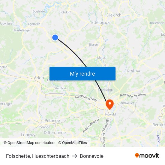 Folschette, Hueschterbaach to Bonnevoie map