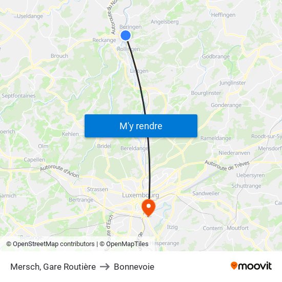 Mersch, Gare Routière to Bonnevoie map