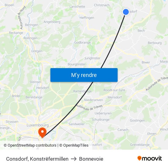 Consdorf, Konstrëfermillen to Bonnevoie map