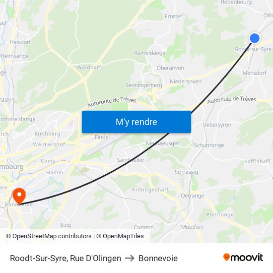 Roodt-Sur-Syre, Rue D'Olingen to Bonnevoie map