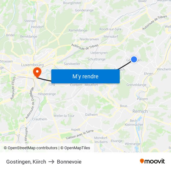 Gostingen, Kiirch to Bonnevoie map