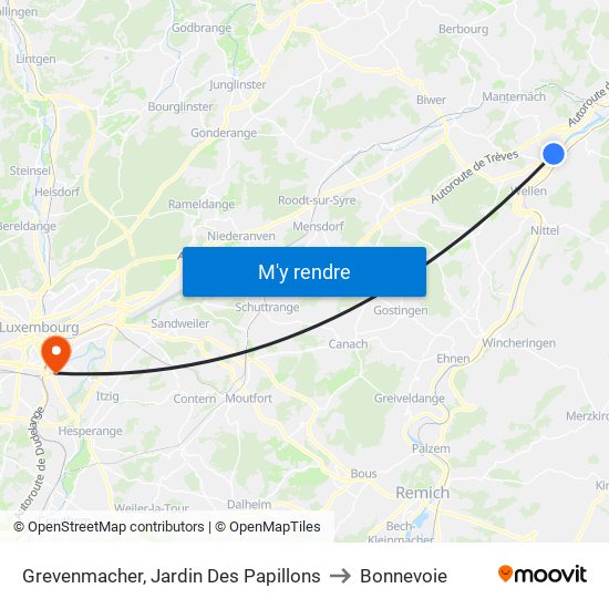 Grevenmacher, Jardin Des Papillons to Bonnevoie map