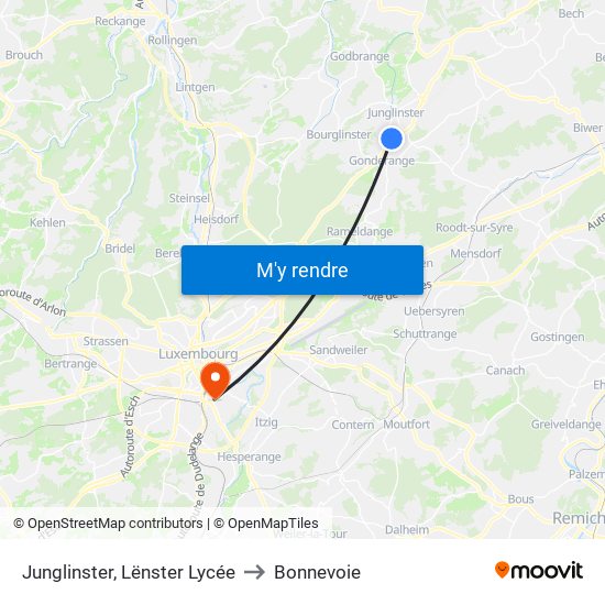 Junglinster, Lënster Lycée to Bonnevoie map