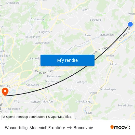 Wasserbillig, Mesenich Frontière to Bonnevoie map
