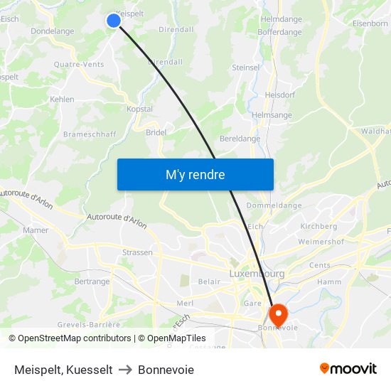 Meispelt, Kuesselt to Bonnevoie map