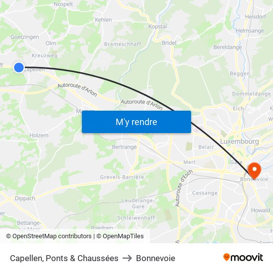 Capellen, Ponts & Chaussées to Bonnevoie map