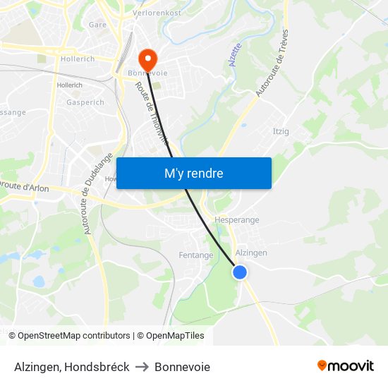 Alzingen, Hondsbréck to Bonnevoie map