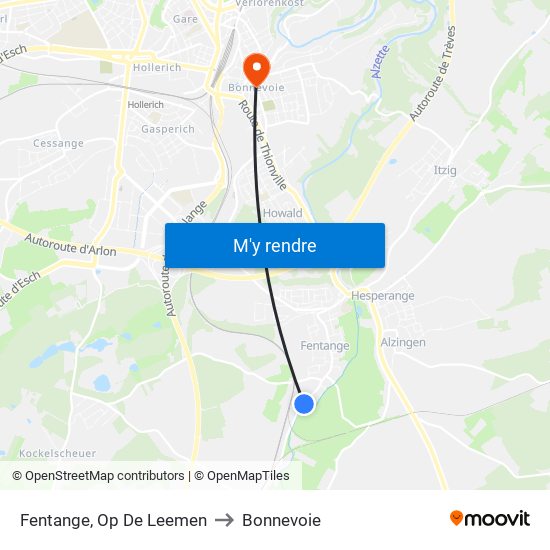 Fentange, Op De Leemen to Bonnevoie map