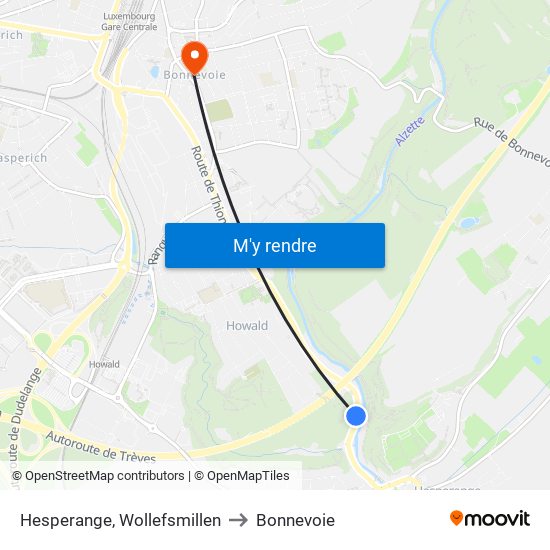 Hesperange, Wollefsmillen to Bonnevoie map