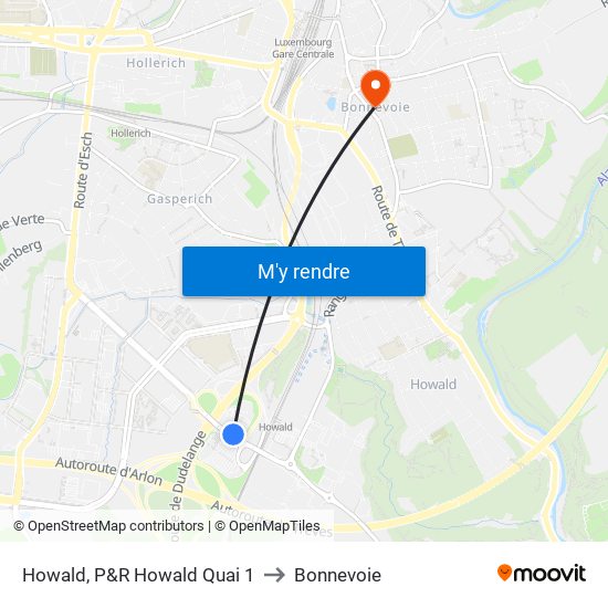 Howald, P&R Howald Quai 1 to Bonnevoie map